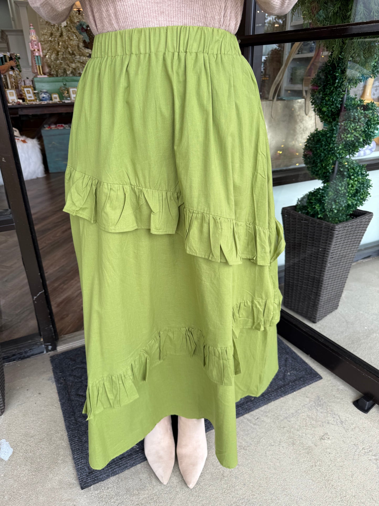 Olive Ruffle Midi Skirt