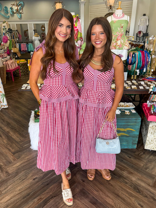 Red Peplum Gingham Midi Dress