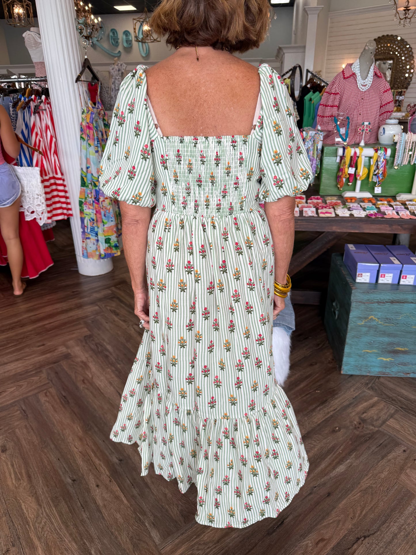 Mary Square Alexi Dress: Cottage Stripes Green