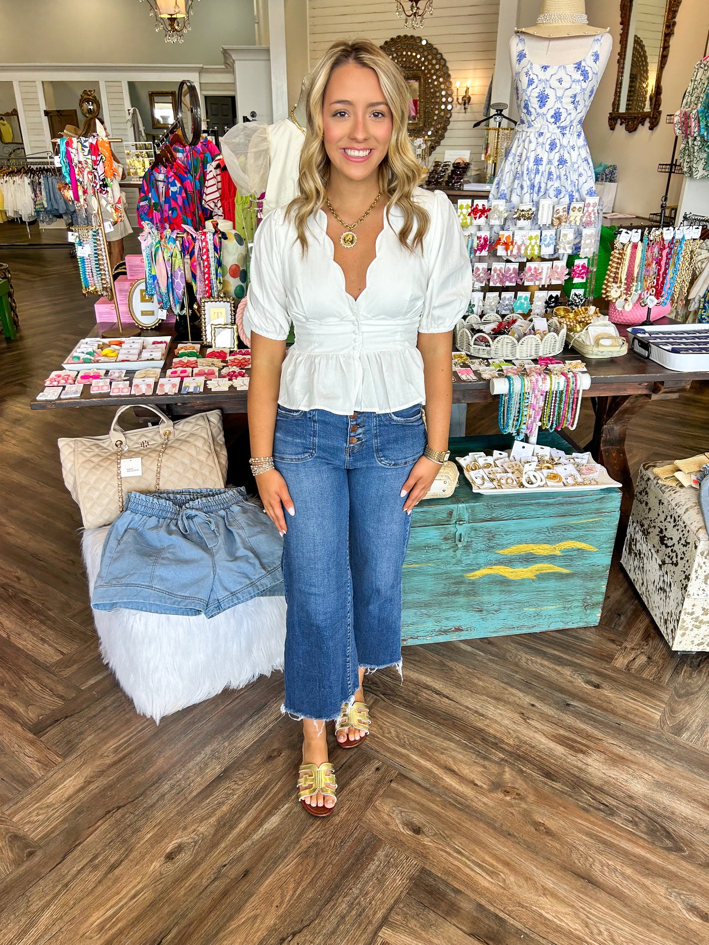 Scalloped V-Neck Peplum Top