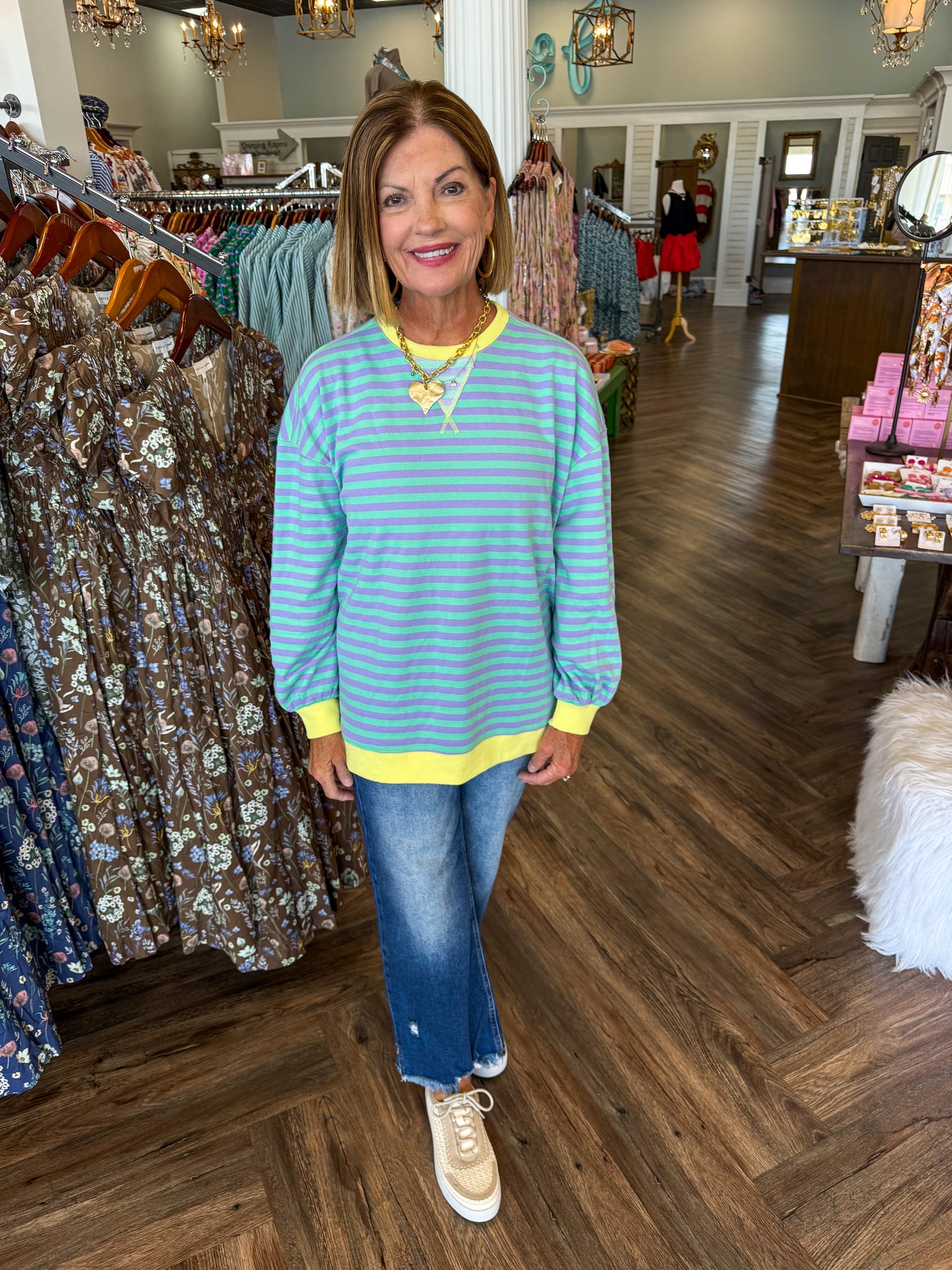 Green and Lilac Striped Sweatshirt