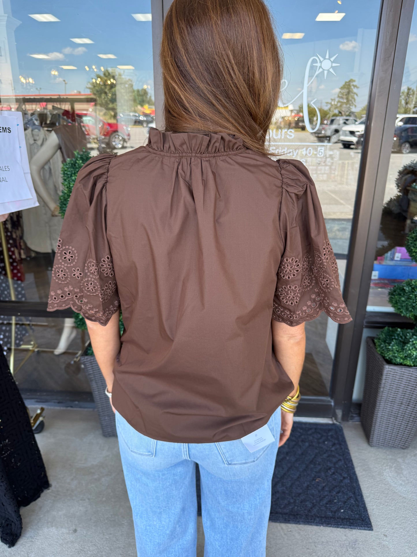 Brown Embroidered Sleeve Top