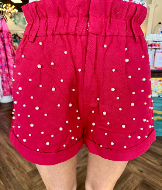 Red Pearl Paper Bag Shorts