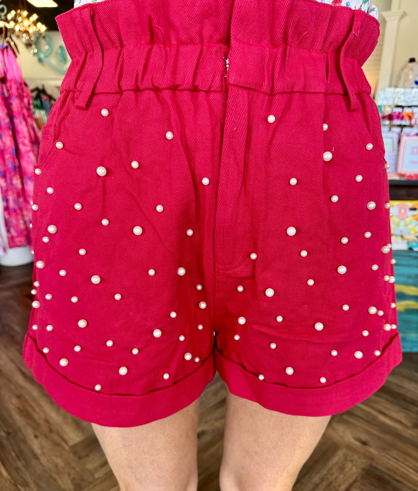 Red Pearl Paper Bag Shorts