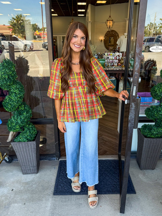 Brown Plaid Peplum Top