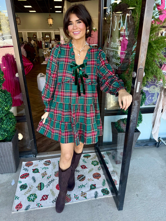 Velvet Bow Plaid Dress
