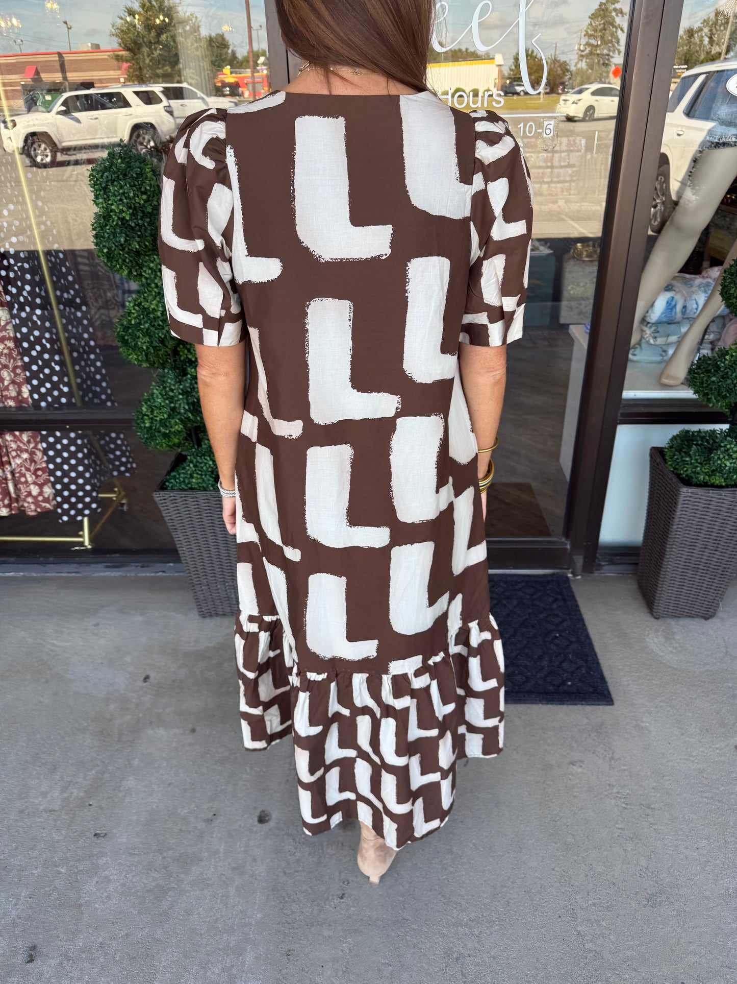 Brown and White Midi Dress