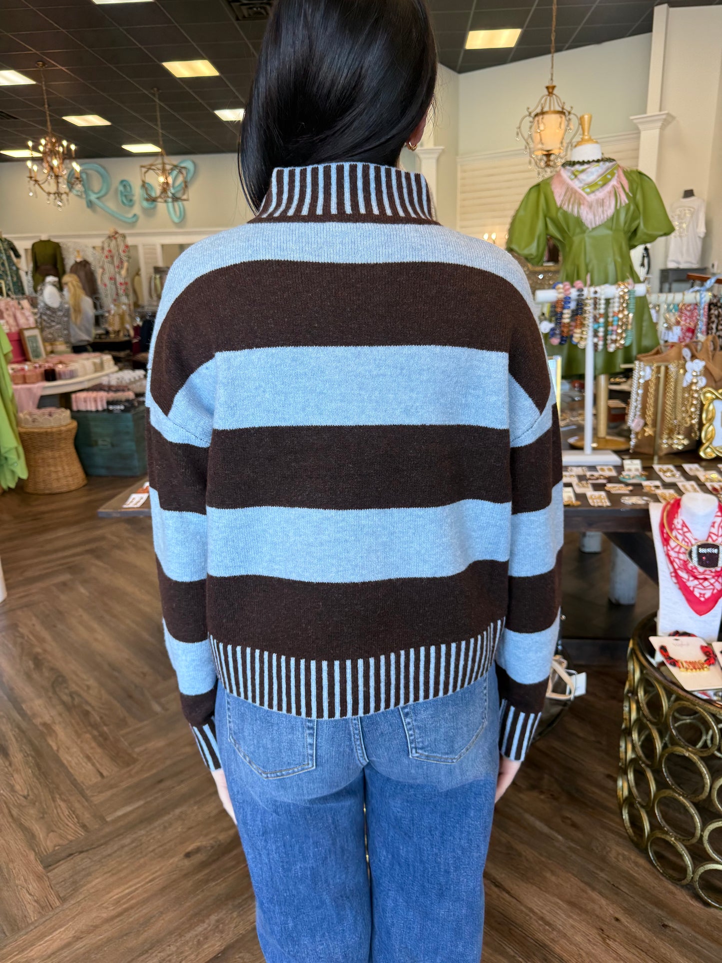 Mock Neck Blue and Brown Sweater