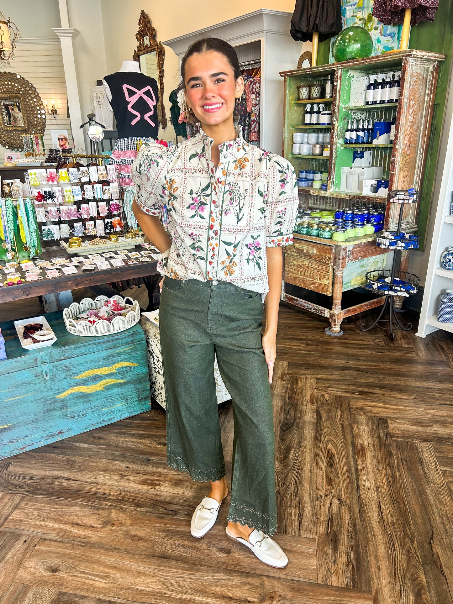 Green Eyelet Denim Pants