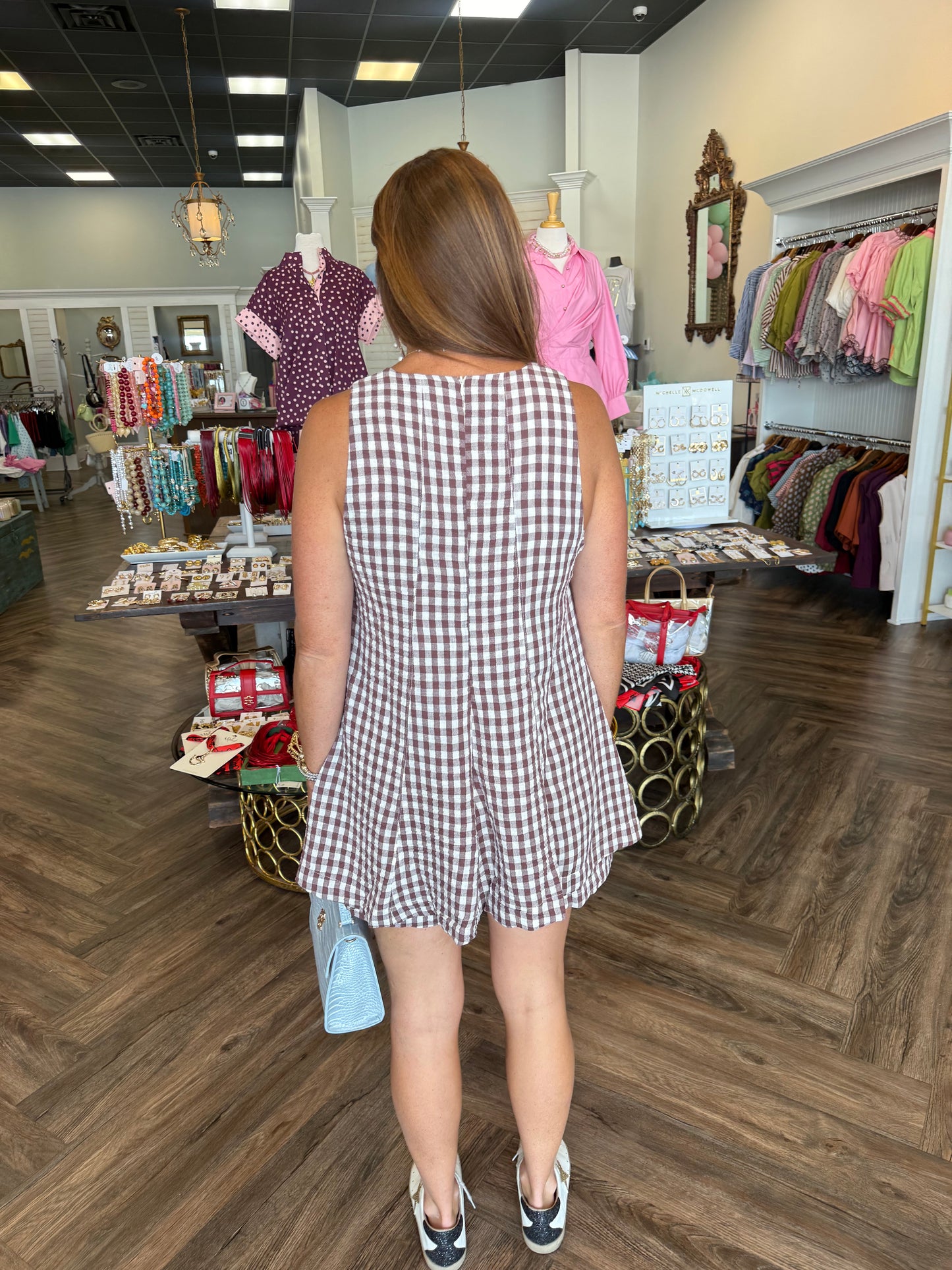 Gingham Babydoll Romper: Brown