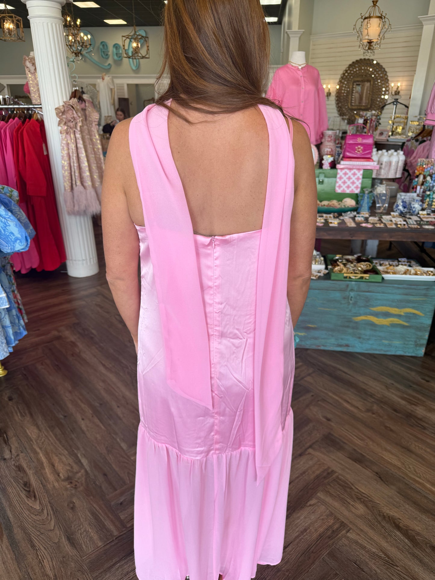 Scarf Accent Pink Maxi Dress