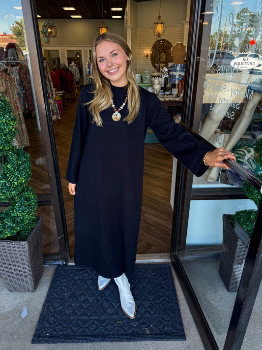 Solid Mockneck Midi Dress: Black
