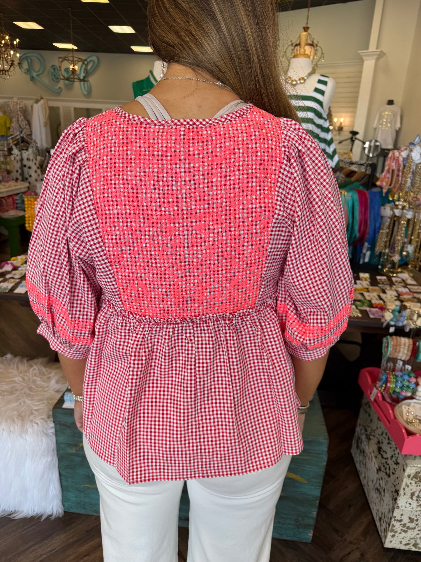 Embroidered Gingham Top: Red