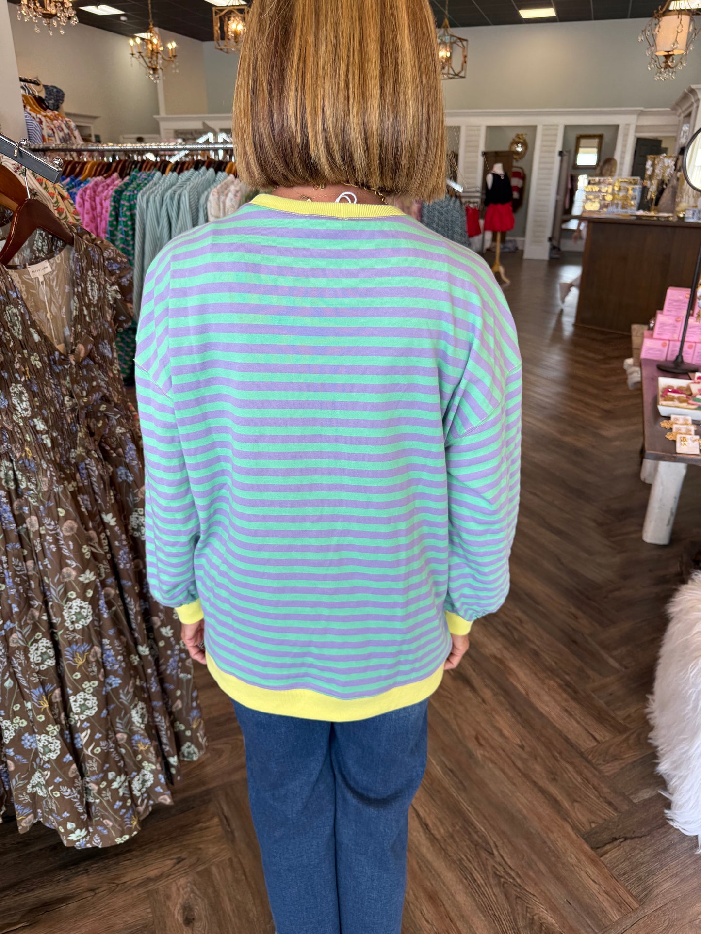 Green and Lilac Striped Sweatshirt