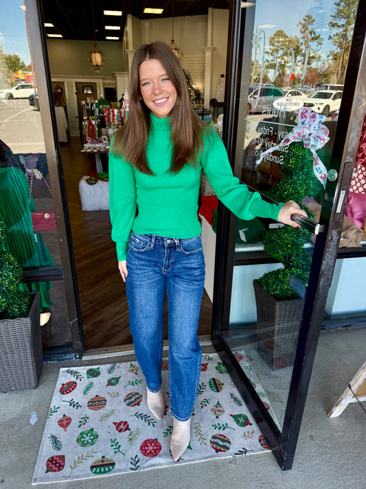 Green Ribbed Turtleneck Sweater