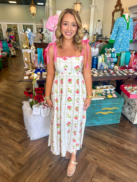 Cottage Floral Scalloped Midi Dress: Pink