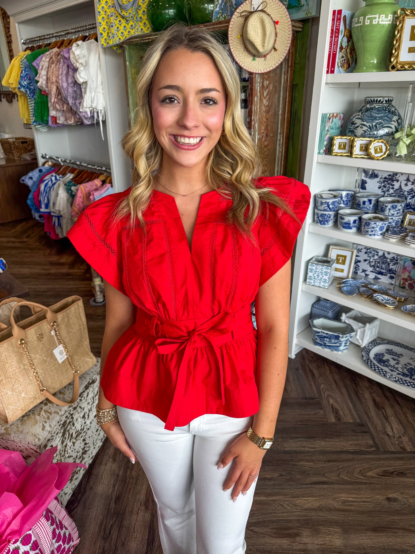 Flutter Sleeve Peplum Top: Red