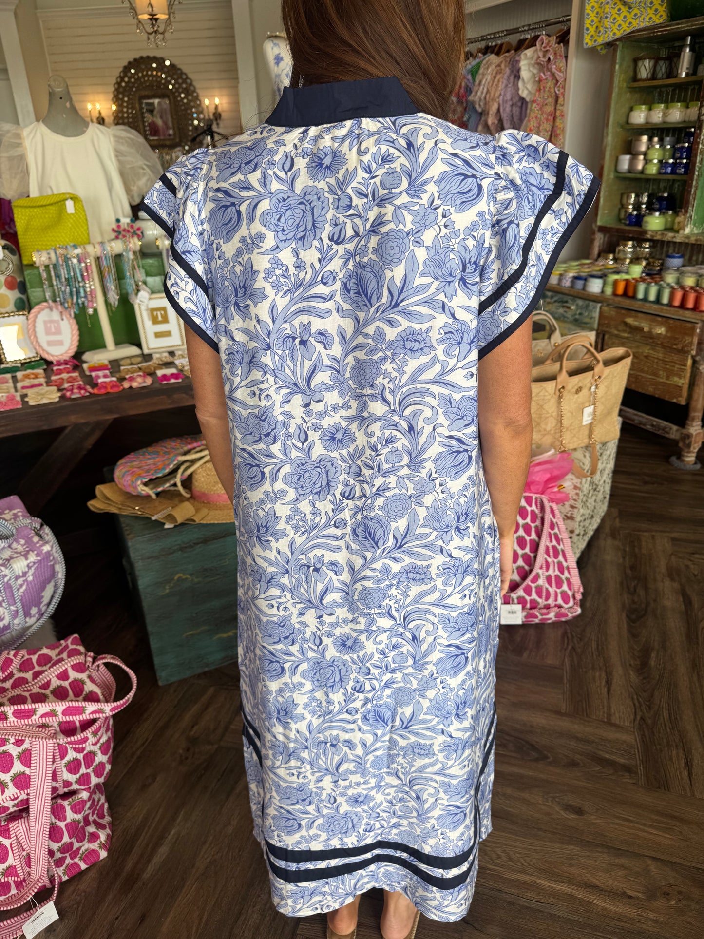 Trim Rose Midi Dress: Navy