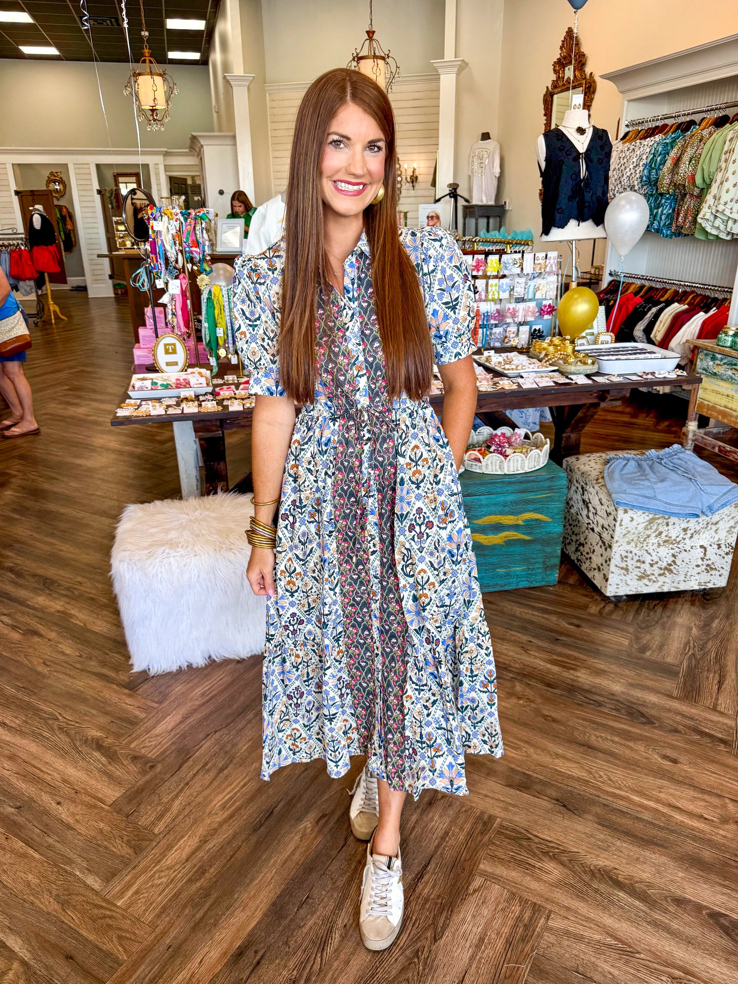 Diamond Pattern Floral Midi Dress: Blue