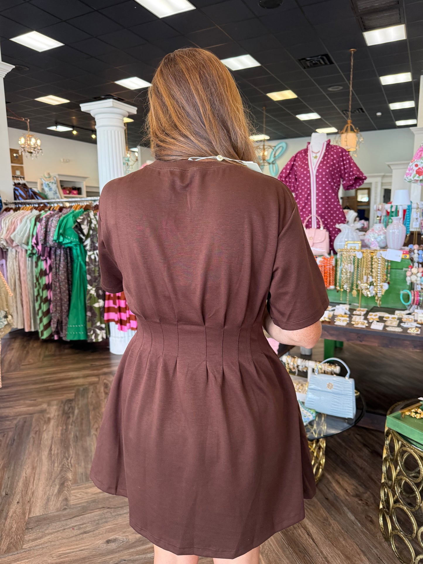 Scuba Synched Dress: Brown