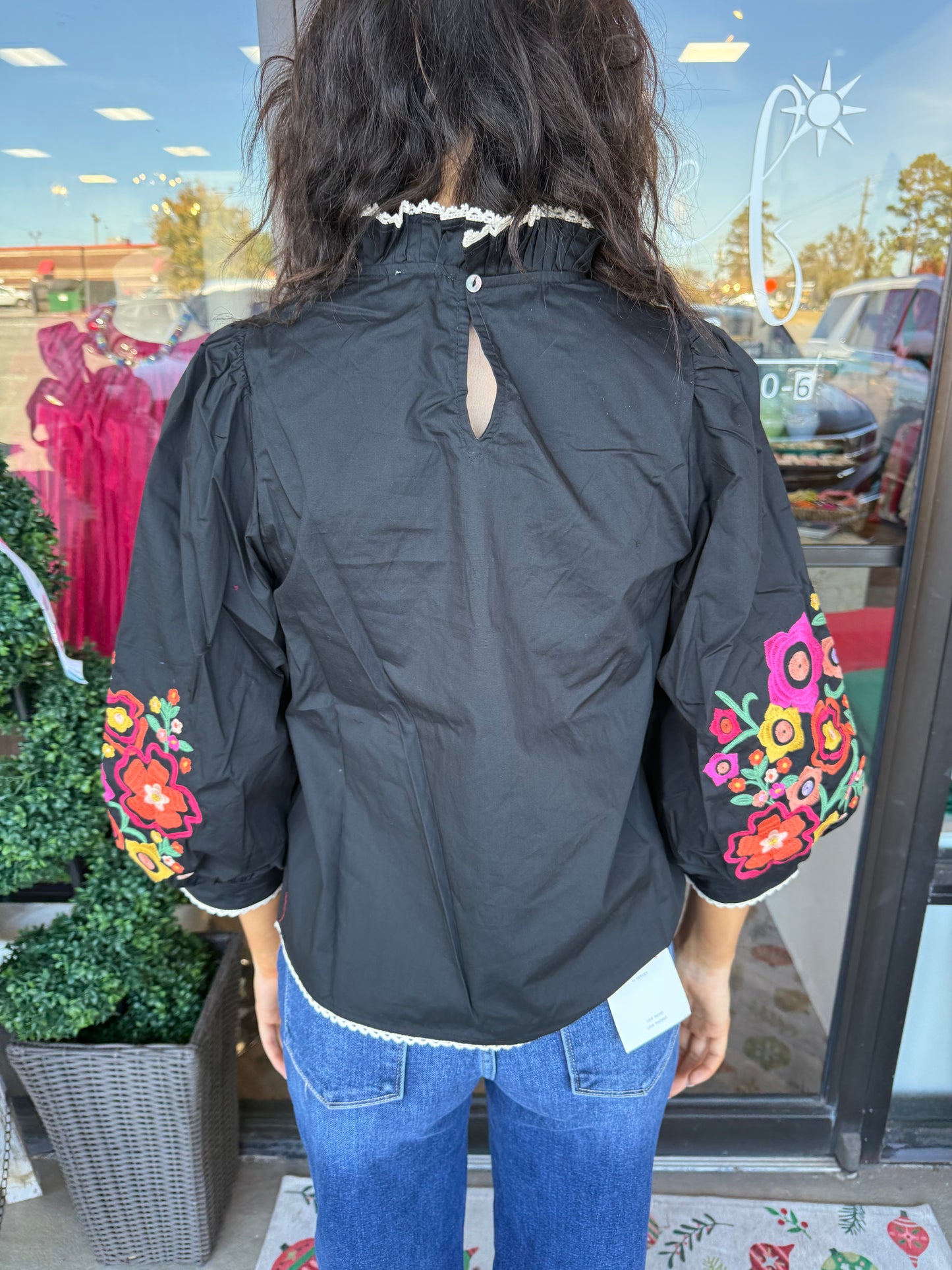 Lace Trim Embroidered Top: Black