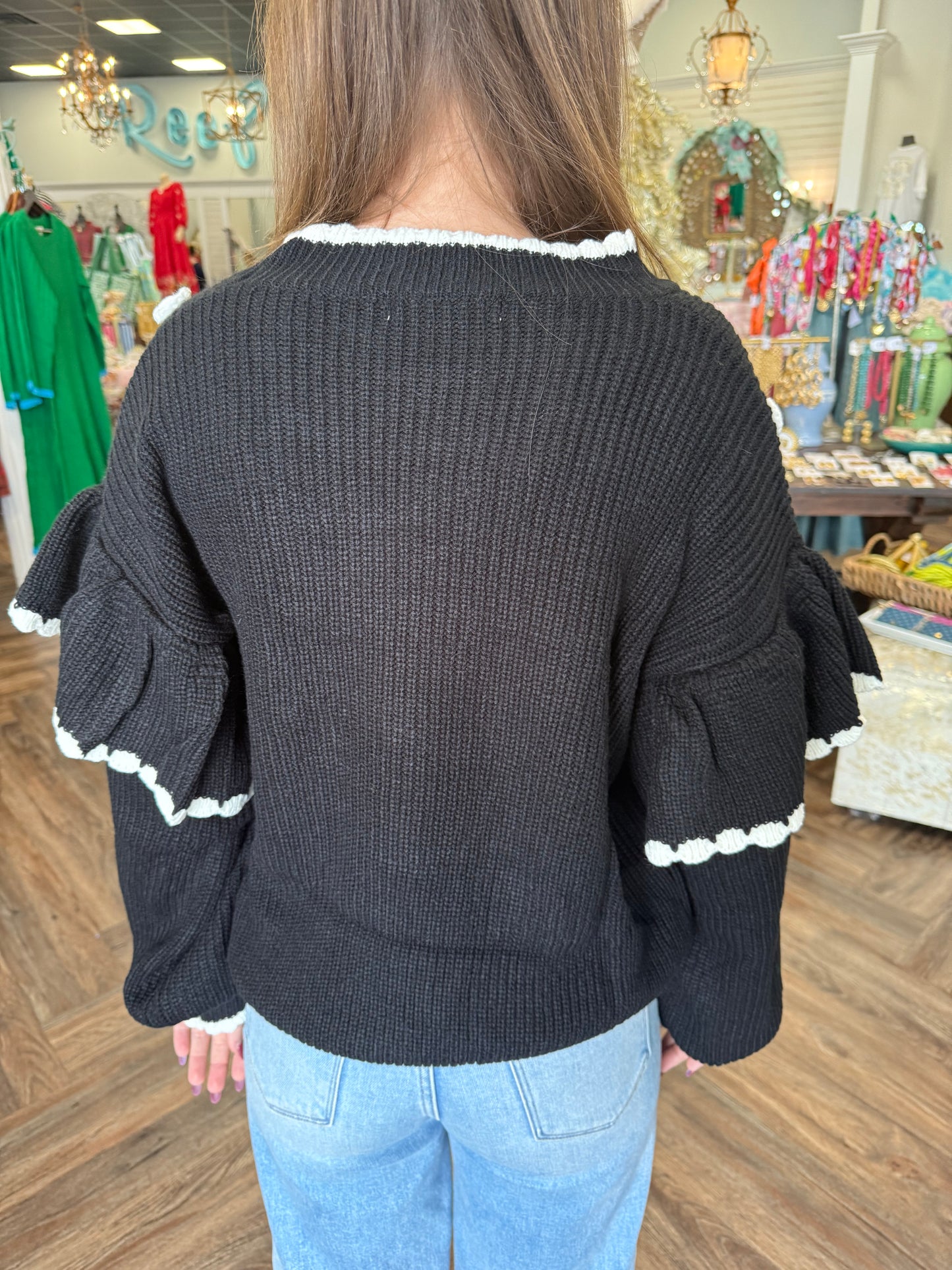 Polka Dot Ruffle Sweater: Black