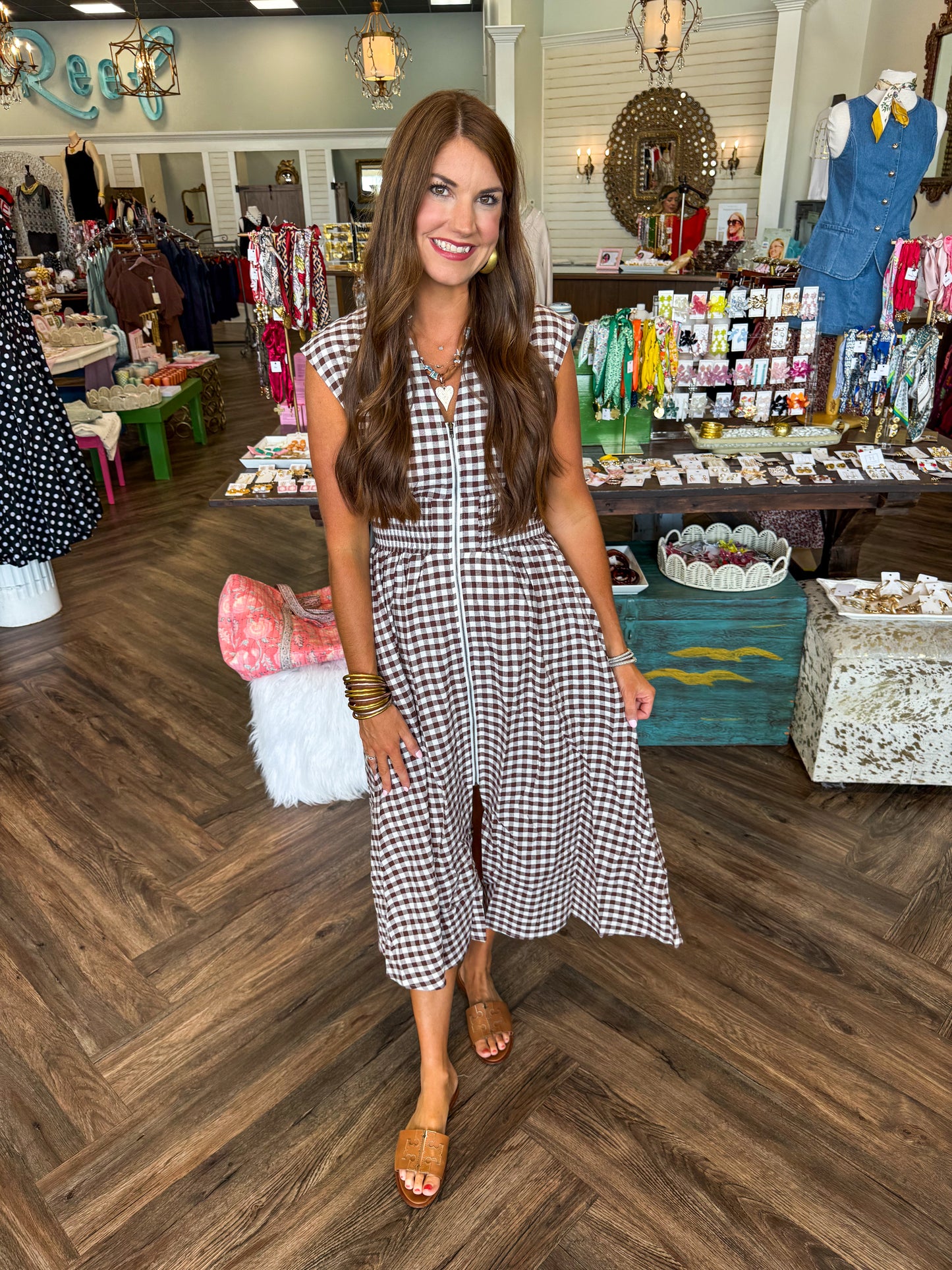 Gingham Zipper Midi Dress: Brown