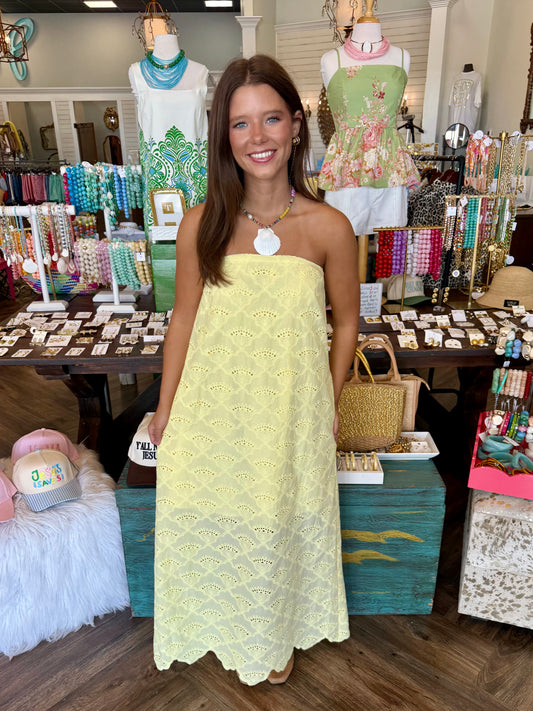 Savannah Strapless Eyelet Maxi Dress: Lemon
