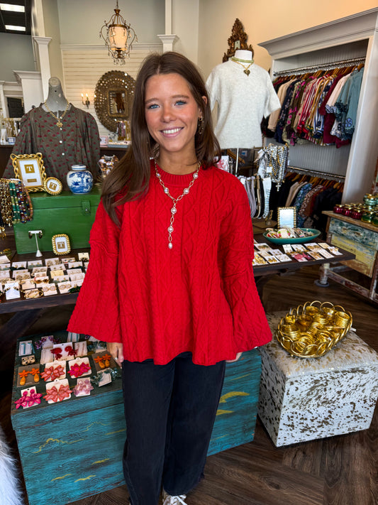 Cable Knit Sweater: Red