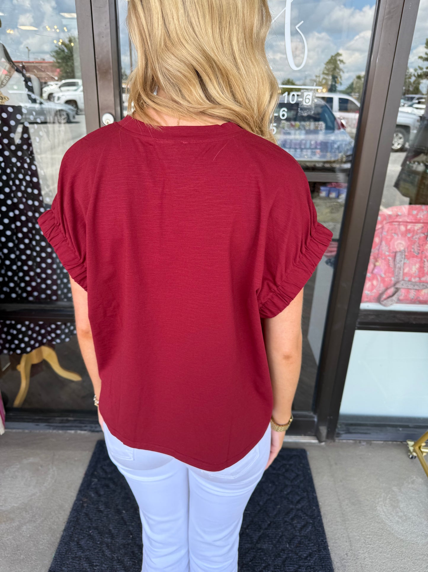 Elastic Sleeve Top: Maroon