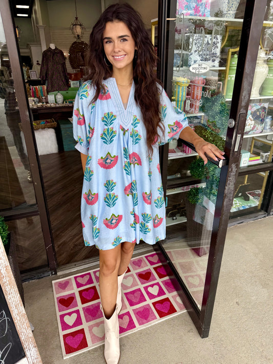 Abstract Print Mini Dress: Blue