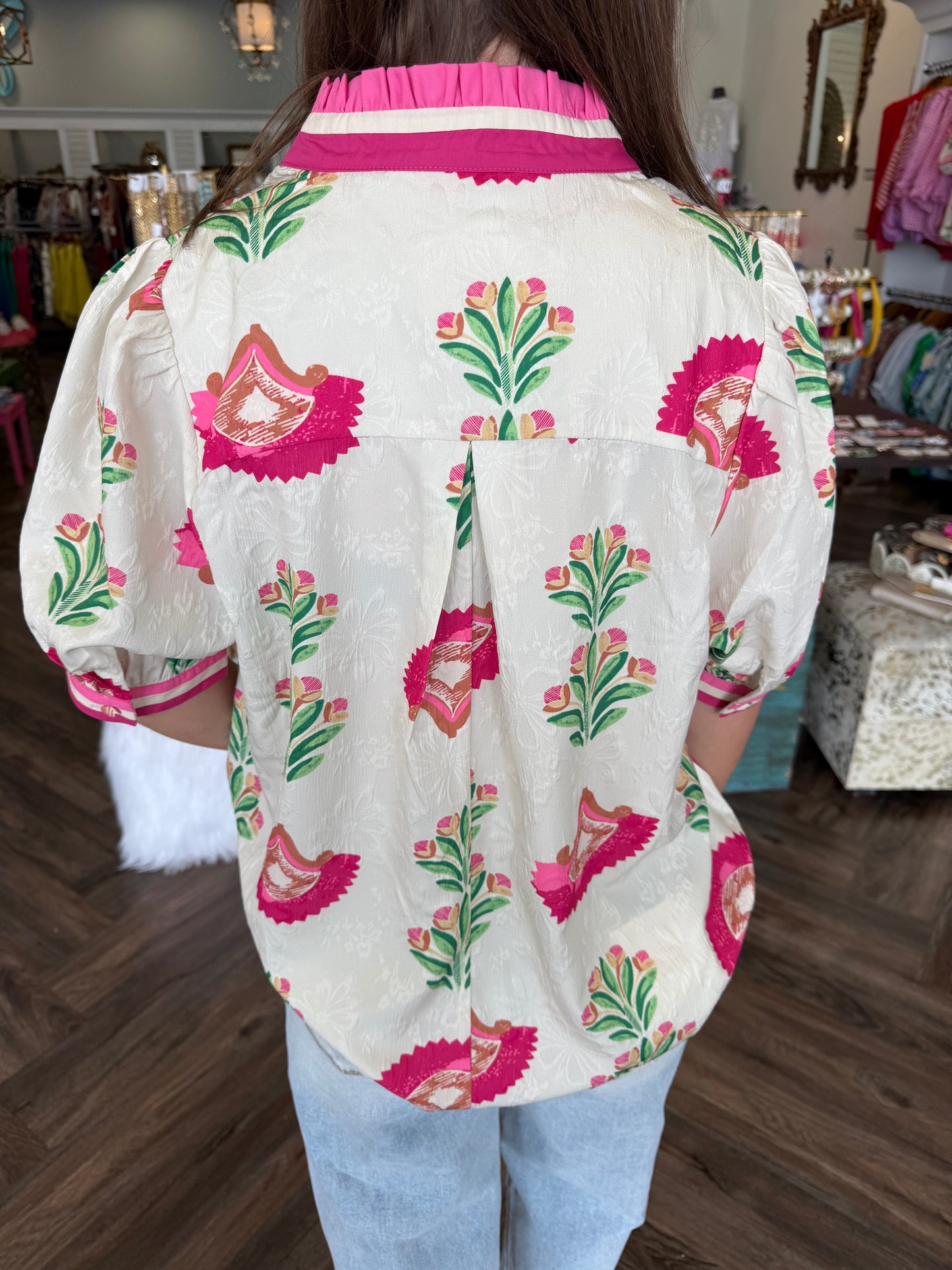 Contrast Trim Flower Top: Cream