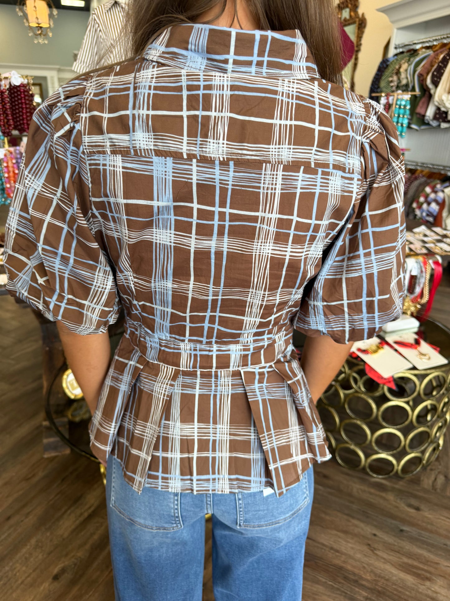 Brown and Blue Plaid Tie Top