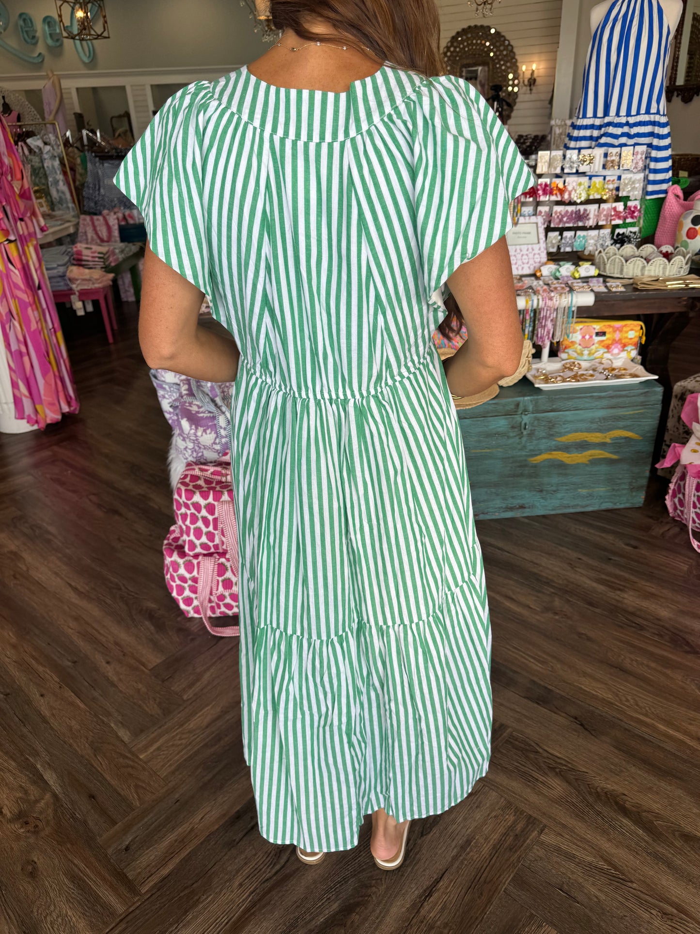 Apple Green Button Striped Midi Dress