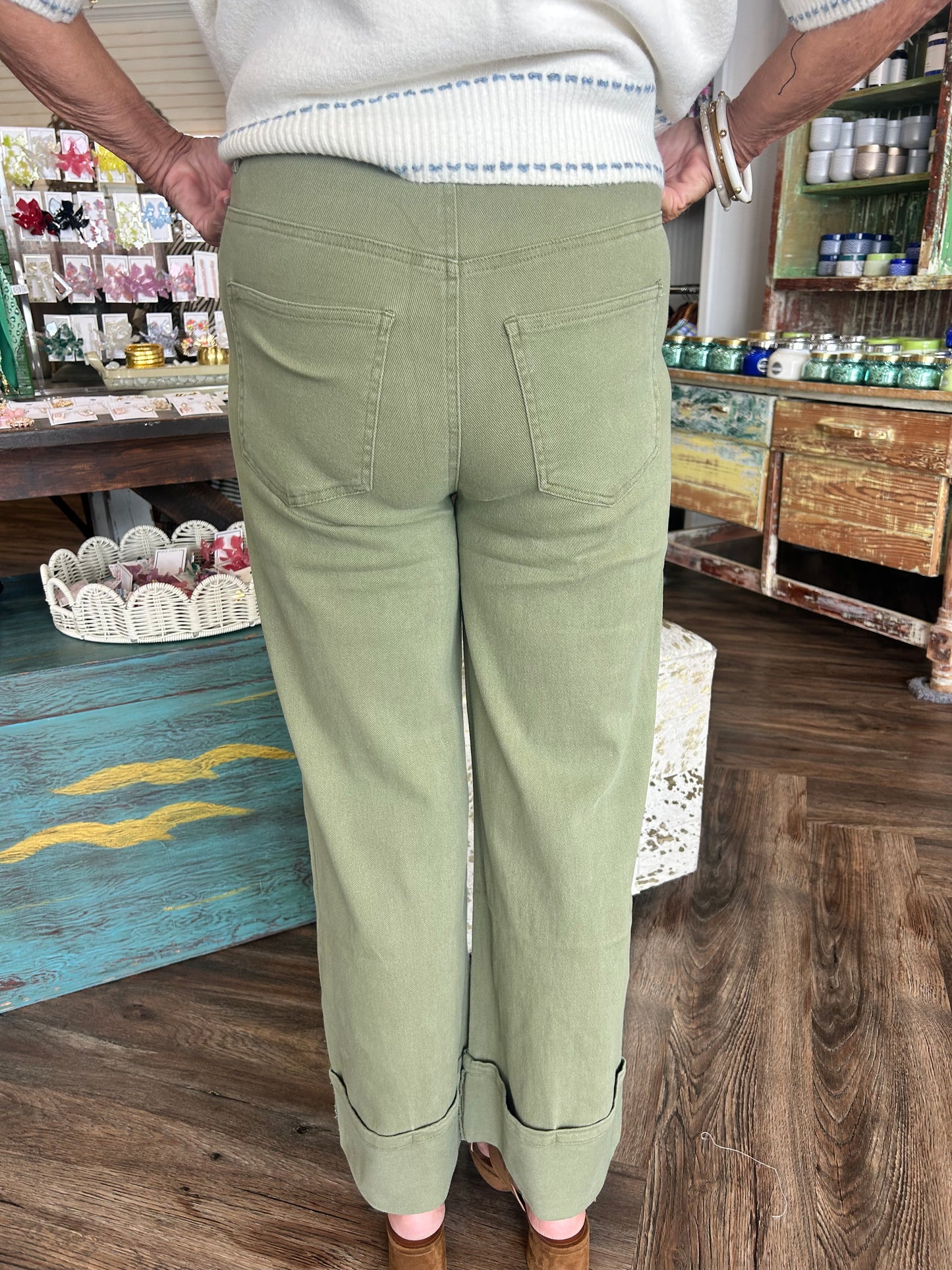 Cuffed Olive Denim Pants