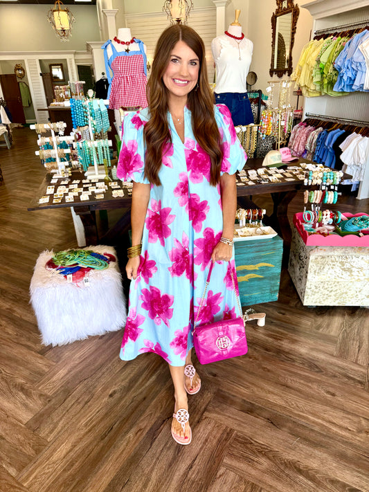 Watercolor Blue and Pink Midi Dress