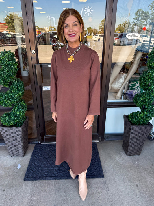 Solid Mockneck Midi Dress: Brown