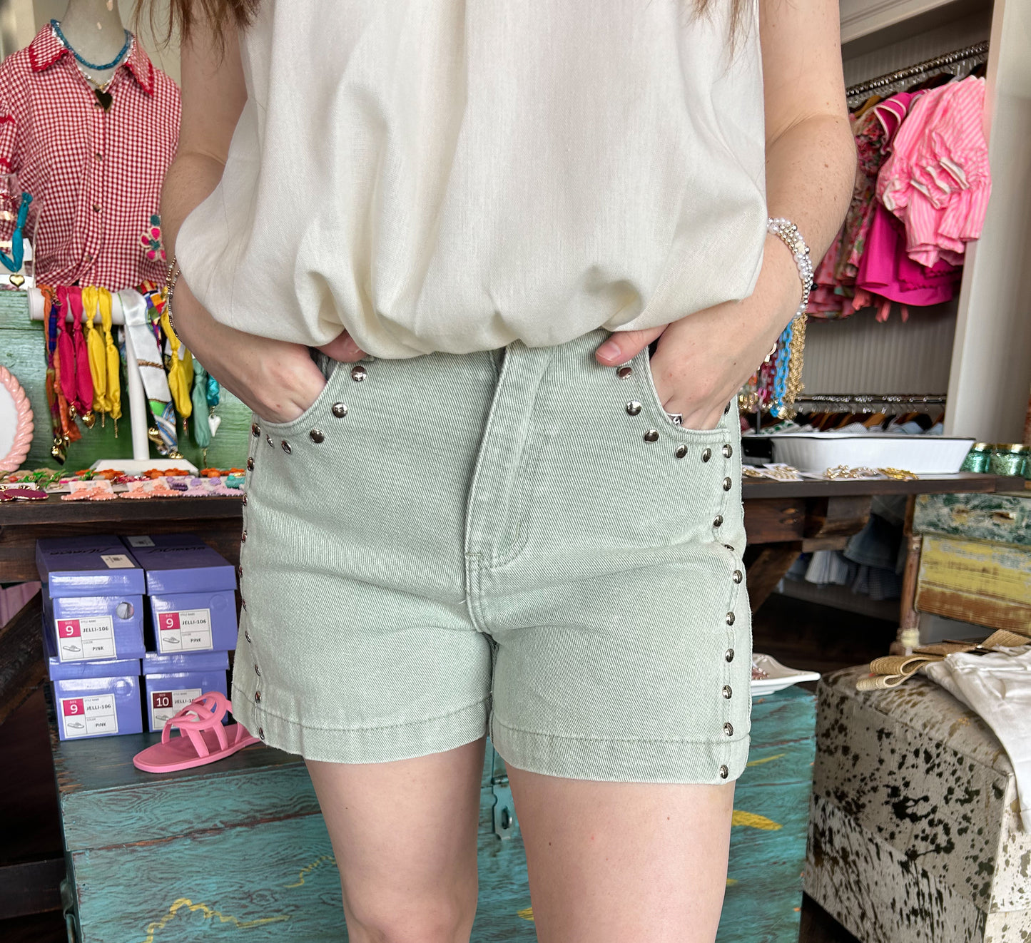 Studded Denim Shorts: Seafoam