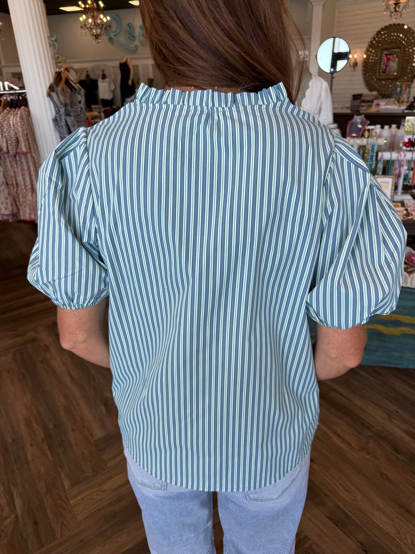 Mary Square Lainey Top: Blue/Green Stripe