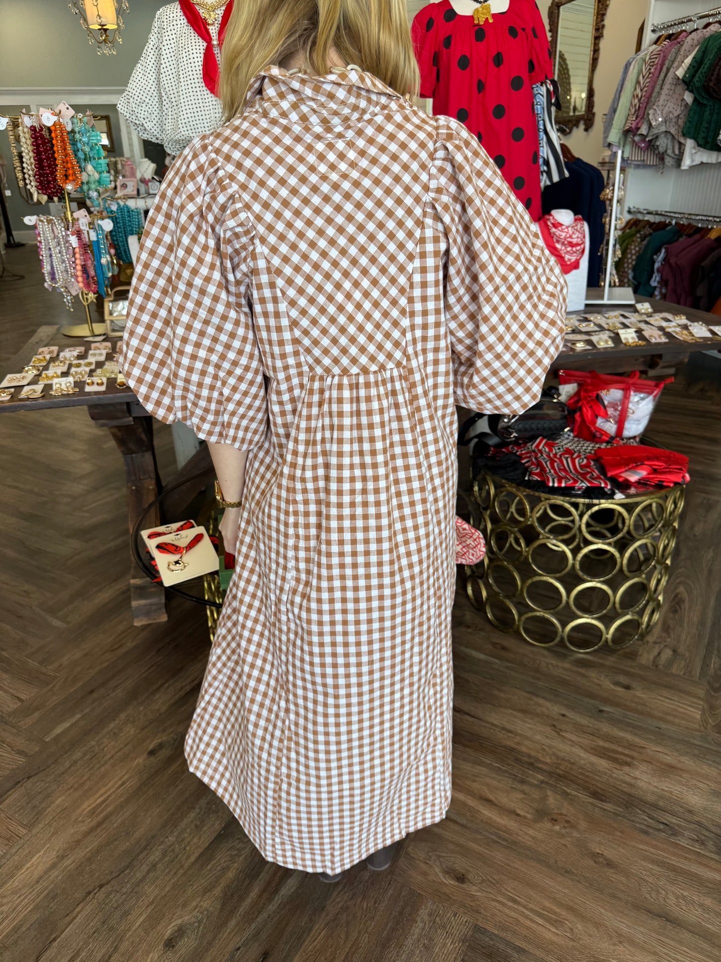 Harvest Collar Plaid Midi Dress: Brown