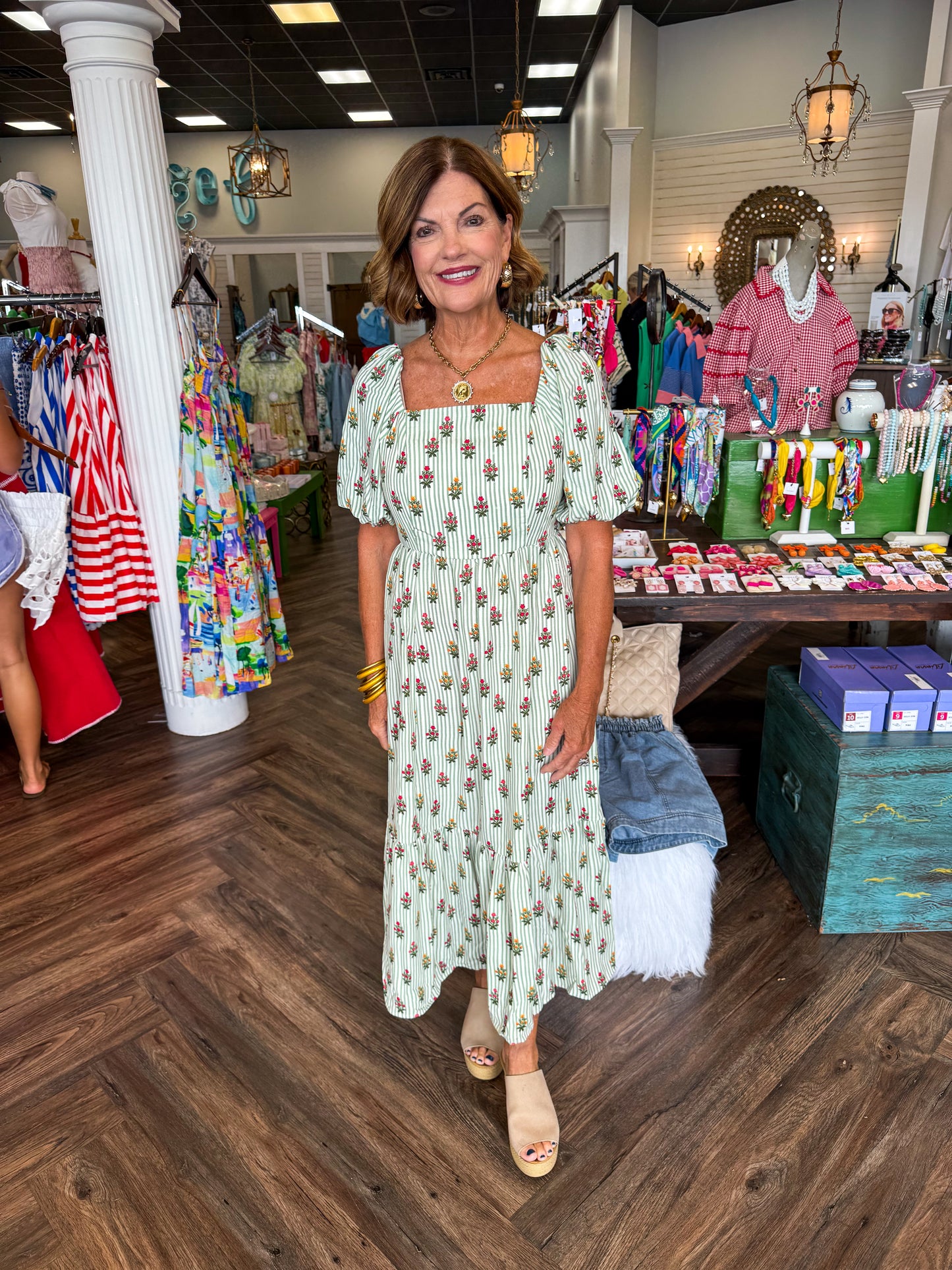 Mary Square Alexi Dress: Cottage Stripes Green