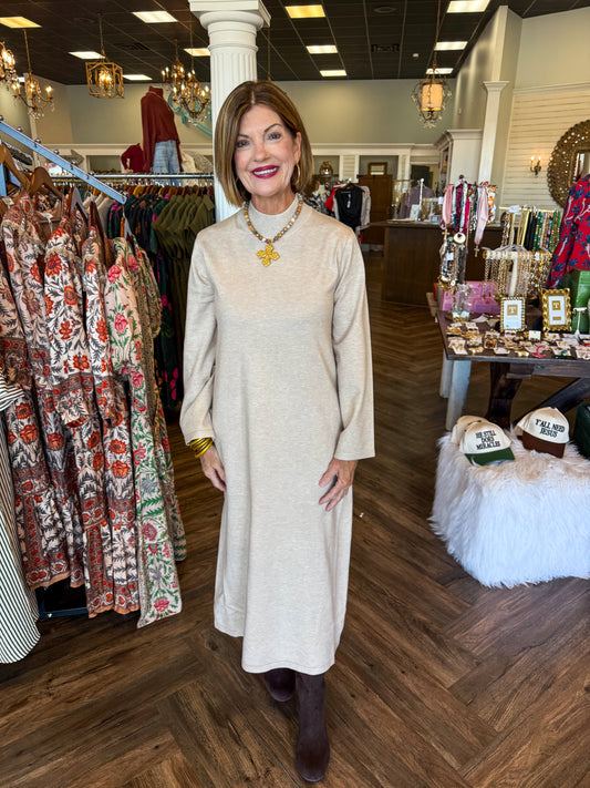 Solid Mockneck Midi Dress: Sand