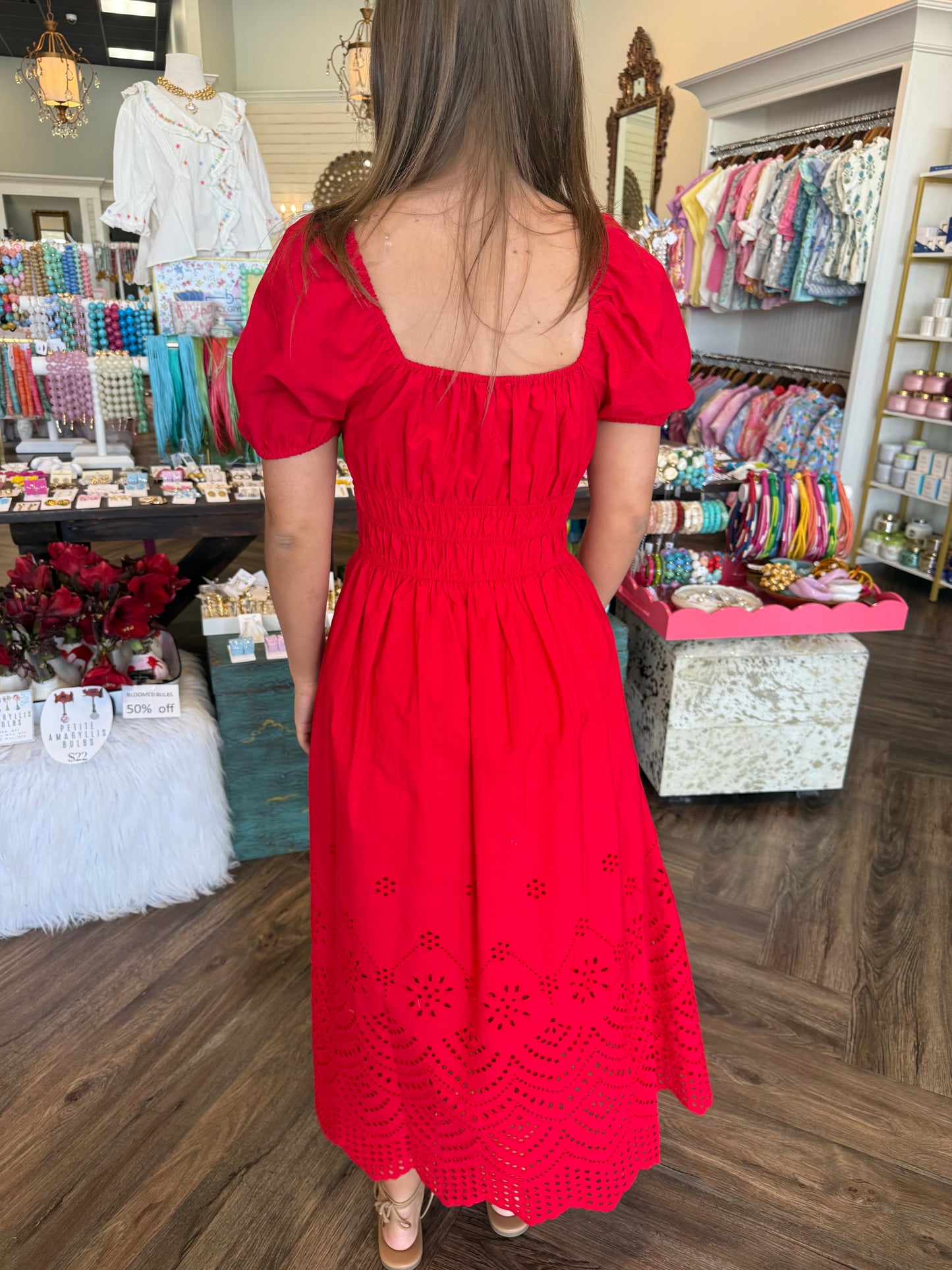 Flirty Eyelet Maxi Dress: Red