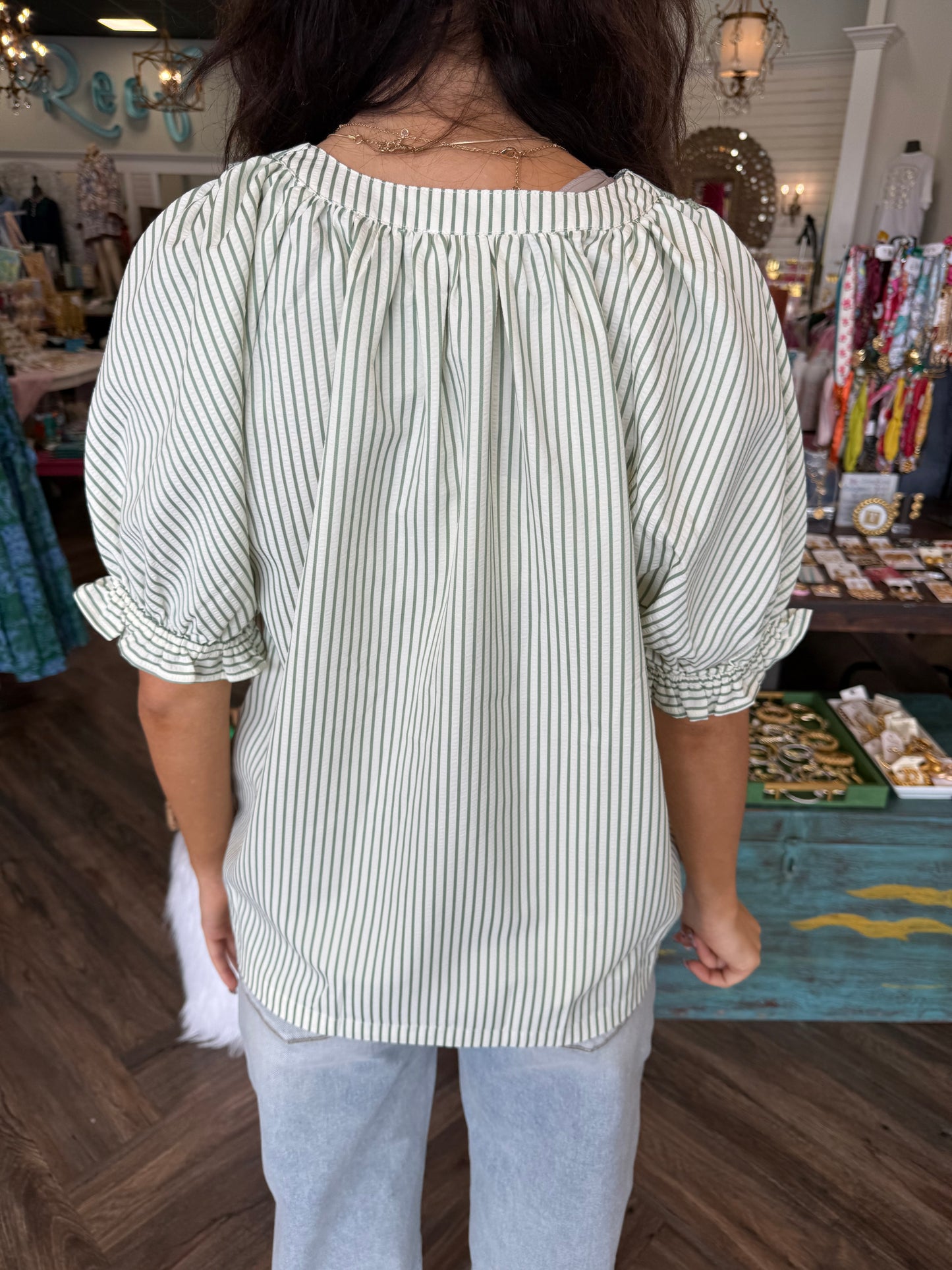 Striped Lace Trim Top: Sage