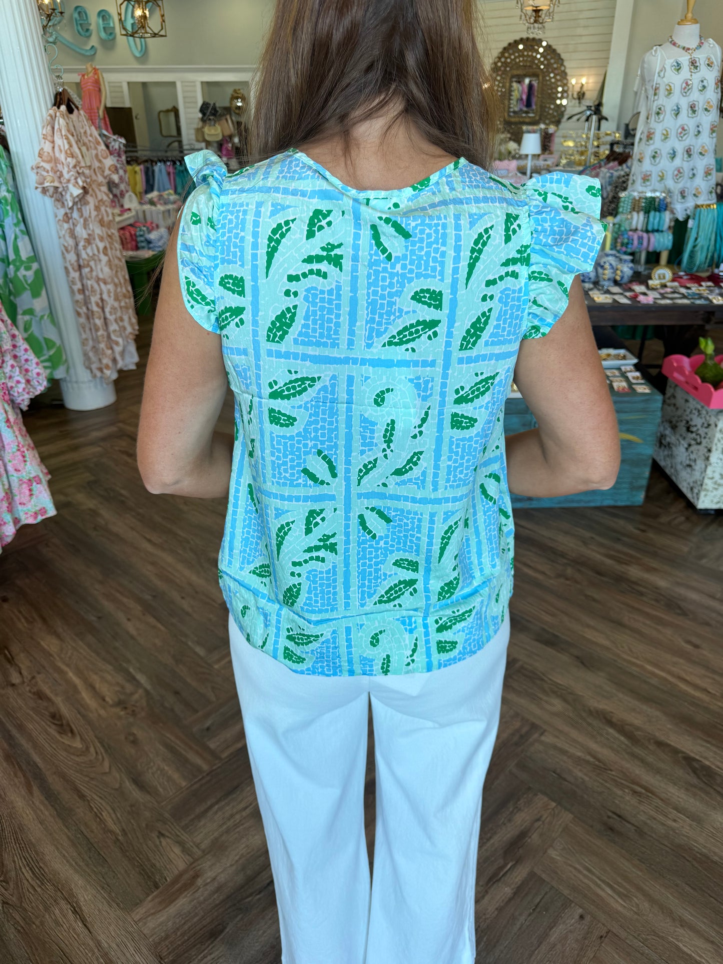 Mary Square Lydia Top: Blue Trellis Tiles