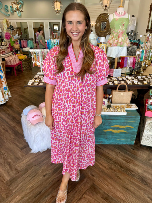 V-Neck Cheetah Midi Dress: Pink