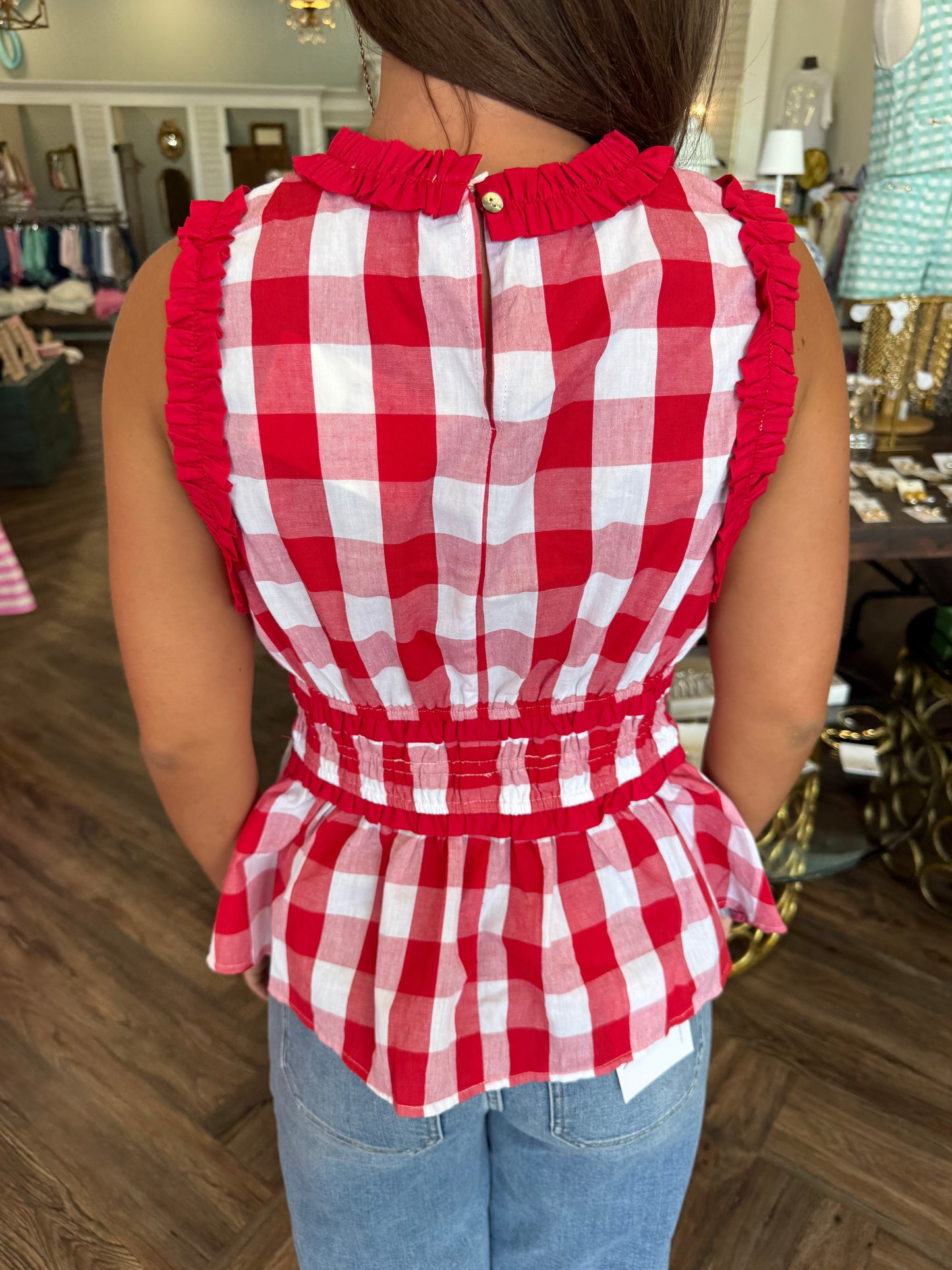 Picnic Gingham Peplum Top: Red