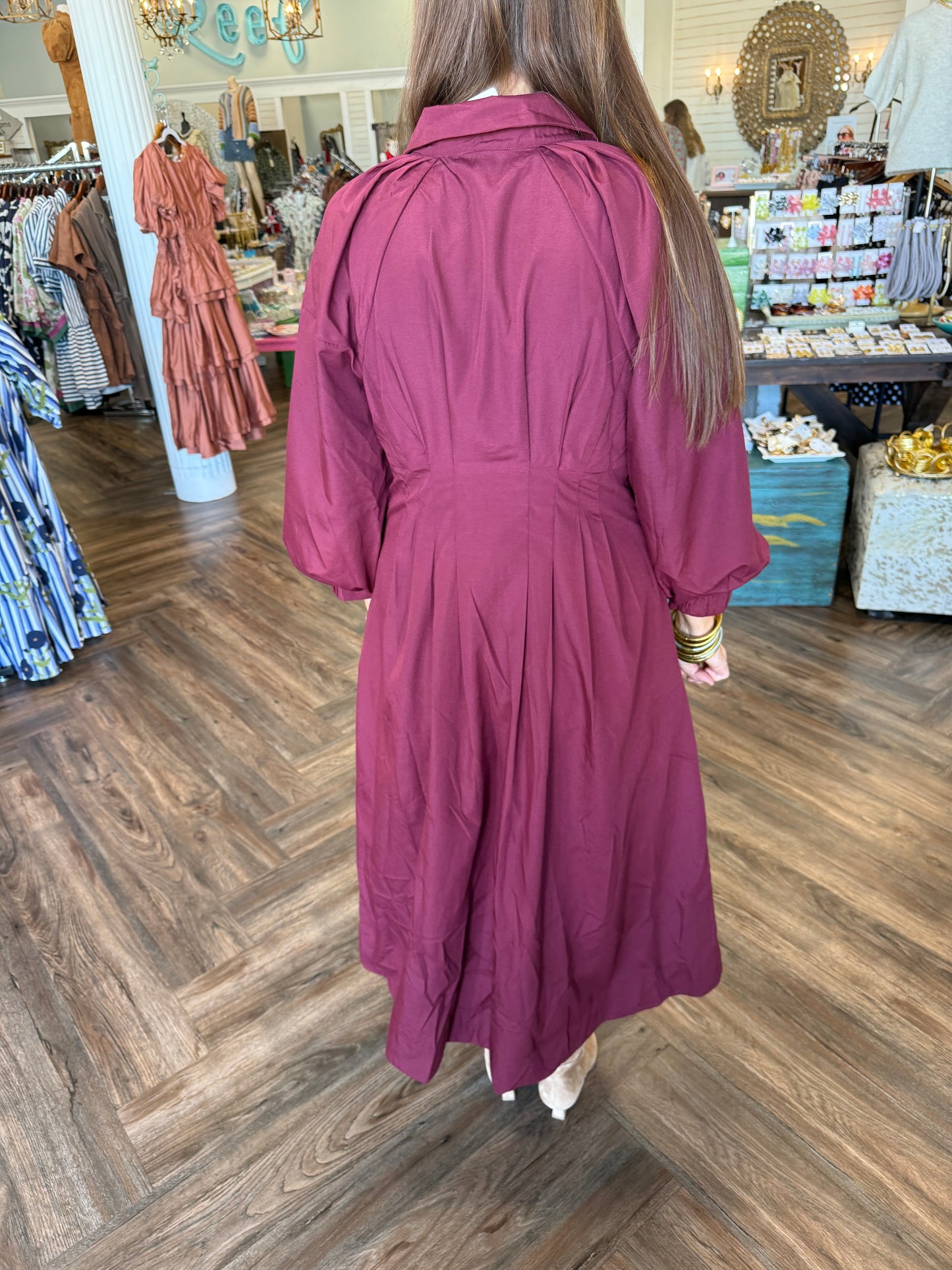 Synched Waist Midi Dress: Burgundy