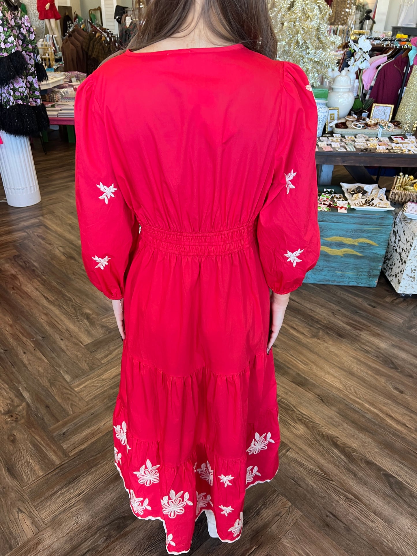 Embroidered Red Midi Dress