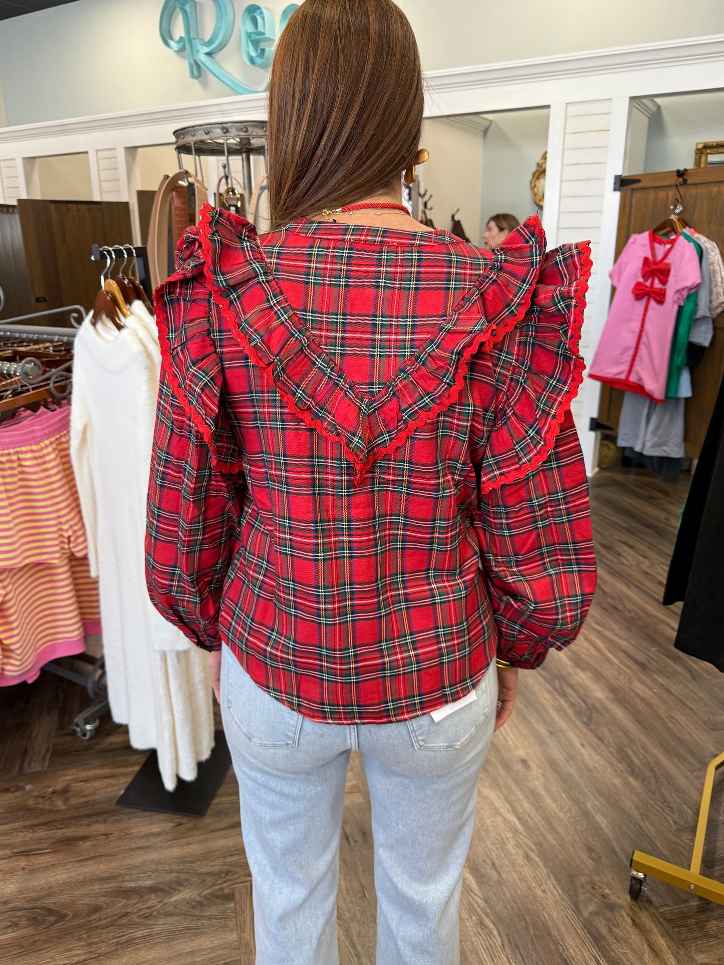 Ruffle Trim Plaid Top